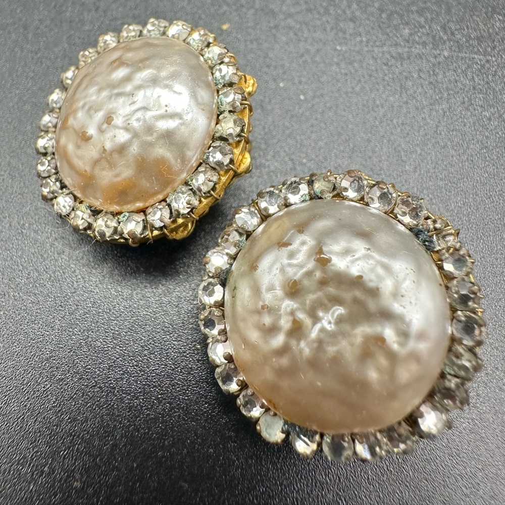Vintage Signed Miriam Haskell Clip on Faux Pearl Button Rhinestones Earrings